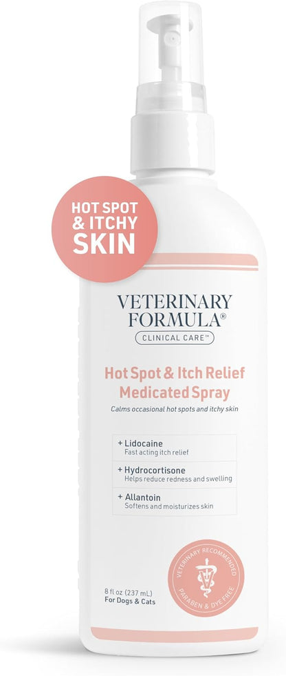 Veterinary Formula Clinical Care Hot Spot & Itch Relief Medicated Spray, 8oz  Easy to Use Spray for Dogs & Cats  Helps Alleviate Sensitive Skin, Scratching, and Licking of Coat (1 Pack)