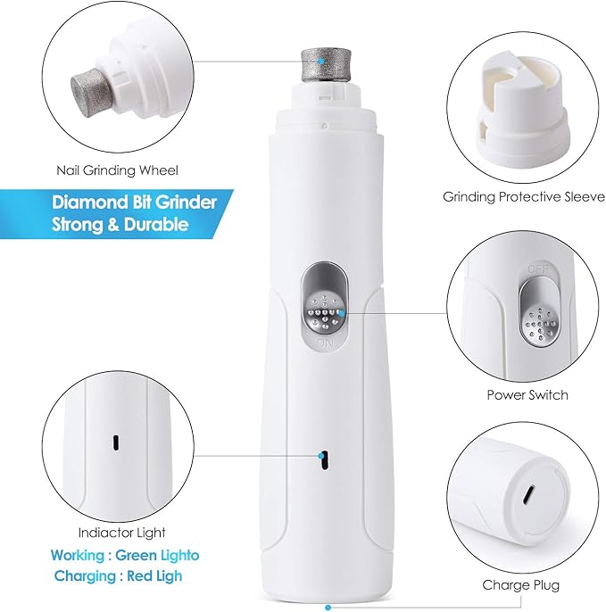 UniQu Dog Nail Grinder, 2-Speed Electric Rechargeable Pet Nail Trimmer with Low Noise Grooming Smoothing and Trimming, Perfect for Small Medium Dogs & Cats