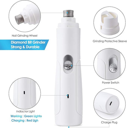UniQu Dog Nail Grinder, 2-Speed Electric Rechargeable Pet Nail Trimmer with Low Noise Grooming Smoothing and Trimming, Perfect for Small Medium Dogs & Cats