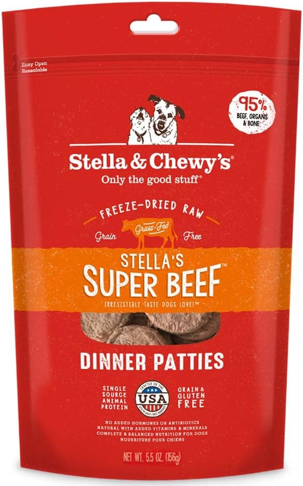 Stella & Chewy's Freeze Dried Raw Dinner Patties  Grain Free Dog Food, Protein Rich Stella_ Super Beef Recipe  5.5 oz Bag