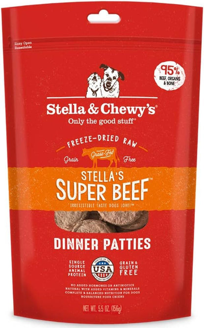 Stella & Chewy's Freeze Dried Raw Dinner Patties  Grain Free Dog Food, Protein Rich Stella_ Super Beef Recipe  5.5 oz Bag
