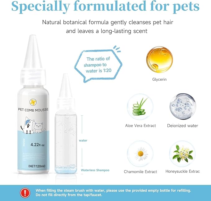 Pet Steam Brush for Dog & Cat  3-in-1 Spray Hair Removal Comb  Steam Brush for Shedding & Grooming  Spritz Defur Comb  Includes Waterless Shampoo & Dental Wipes