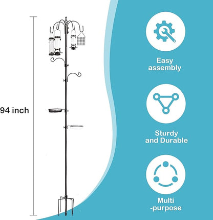 6-Hook Bird Feeding Station Kit, Wild Bird Feeder Stand Pole, Multi-Feeder Kit Stand with 4 Feeders, Bird Bath and Mesh Tray, 94 Inch