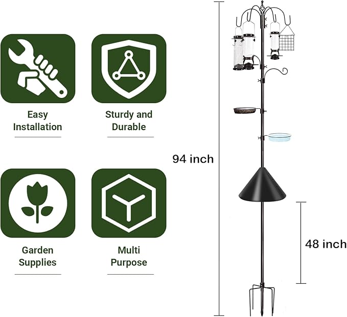 6-Hook Bird Feeding Station Kit Wild Bird Feeder Stand Pole, Multi-Feeder Hanging Kit Stand with Water Bowl, Mesh Tray and Squirrel Guard Baffle, 94 Inch