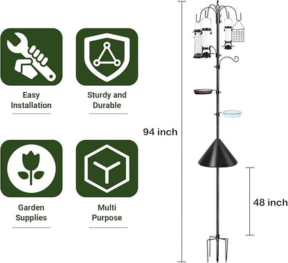 6-Hook Bird Feeding Station Kit Wild Bird Feeder Stand Pole, Multi-Feeder Hanging Kit Stand with Water Bowl, Mesh Tray and Squirrel Guard Baffle, 94 Inch
