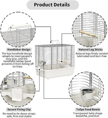 Bird Carrier Travel Cage, Durable Portable Stainless Steel Birdcage with Bird Perch & Feeding Bowl for Parrots Canaries Budgies Lovebirds Conures Cockatiels (Large White)