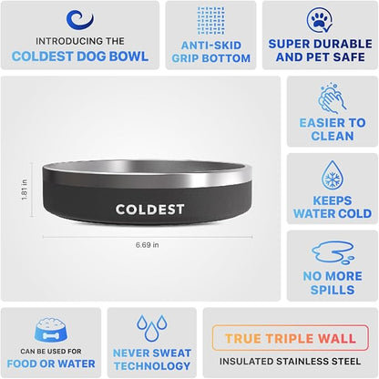 Coldest Dog Bowl - Anti Rust Metal, Non Slip, 3 Layers Insulated Stainless Steel Dog Bowls - Spill Proof & Heavy Duty - Water Bowl for Dogs, Cats & Pets, Dish Washer Safe (21 oz, Stealth Black)