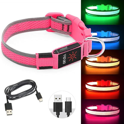 BSEEN Light Up Dog Collars - Reflective LED Dog Collar, Adjustable Puppy Collar, Rechargeable Dog Camping Gear Dog Collar Light for Small Medium Large Dogs (Large, Pink)