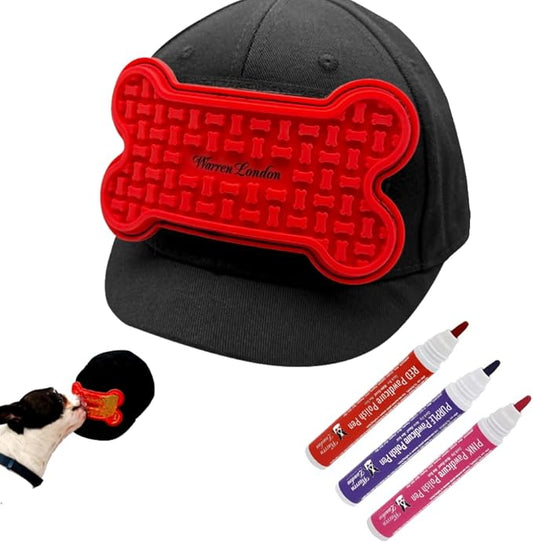 Warren London Distract-A-Hat & Pawdicure Polish Pen Bundle | Grooming Distraction Hat + 3 Nail Polish Pens for Dogs | Fast-Drying, Water-Based Dog Nail Polish | Red, Purple, Pink