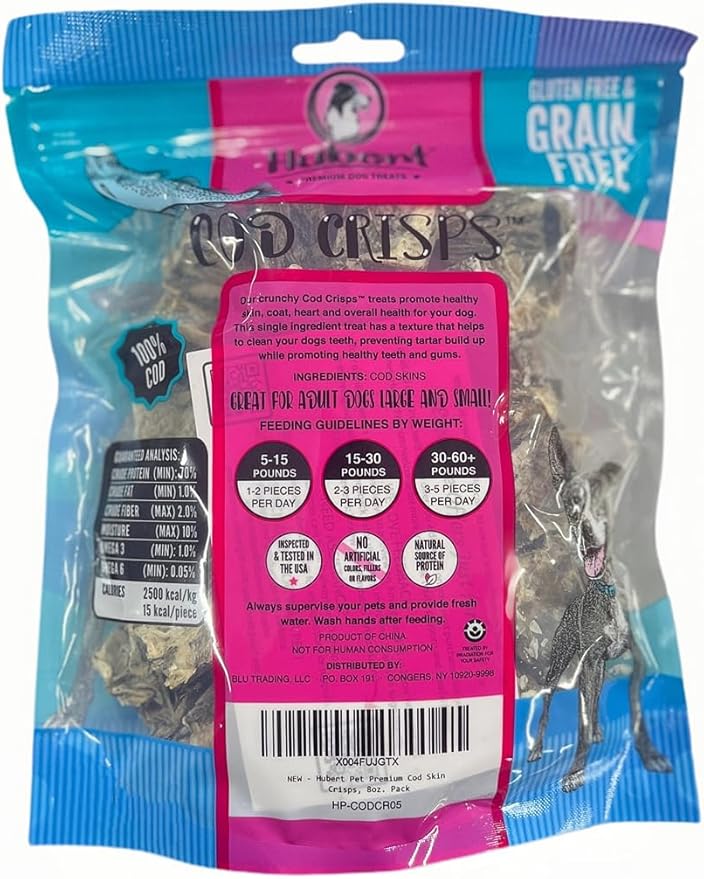 Hubert Pet Premium Cod Skin Crisps - Single Ingredient Gourmet Dog Treats, 8 oz Resealable Trial Size Bag