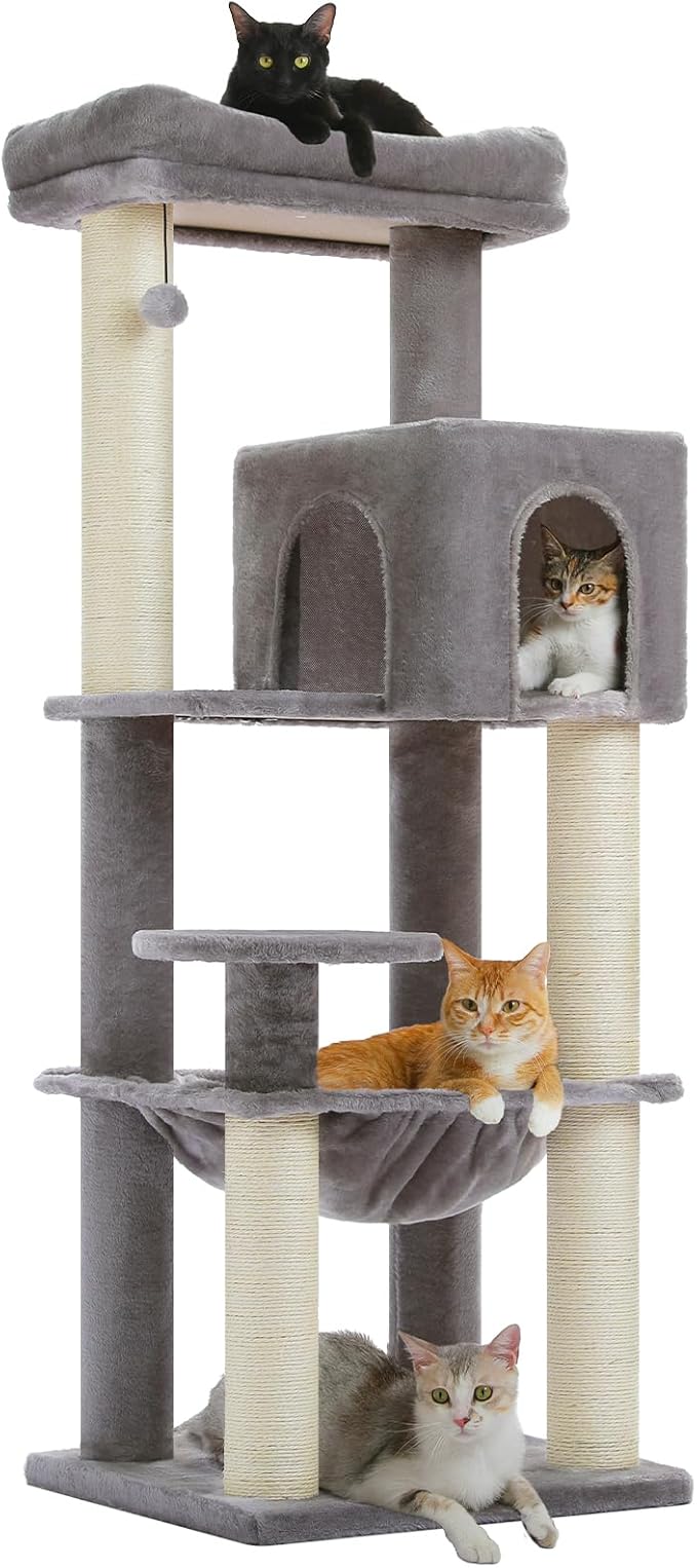Large Cat Tree with Reinforced Scratching Posts (φ3.7in) for Big Adult Cats 30 lbs, 57.8" Heavy Duty Cat Tower with Larger Hammock and Condo, Cat Furniture for Maine Coon, Plush,Grey