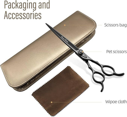 Dog Grooming Scissors: 7.5 inch Bright Black Pet Staright Shears Made Of Japanese 440C Advanced Stainless Steel Professional Grooming Scissors for Dogs Cats and Other Pets