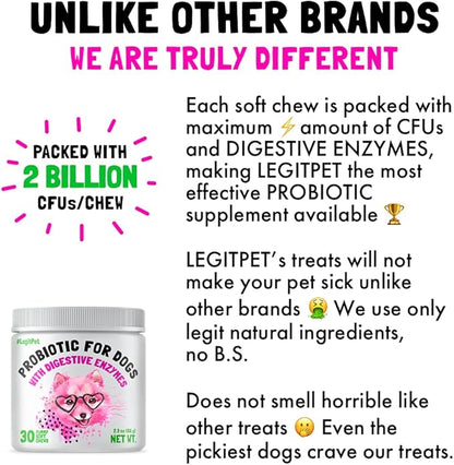 Probiotics for Dogs Natural Digestive Enzymes Prebiotics for Allergy Itch Relief Gut Flora Coprophagia Bowel Support Treatment Anti Diarrhea for Dogs Pet Health Immune System Support 30 Soft Chews