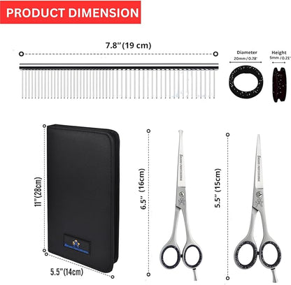 Dog Grooming Scissor Set, 5 in 1 5pcs Leather Shears Case a comb with Ball Tip Scissor for Safety & 5.5 In Grooming Scissor along with 6 pcs Black Silicone Scissor Ring Insert