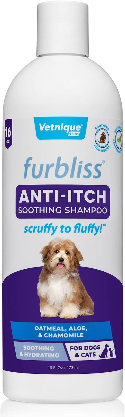Vetnique Labs Furbliss Anti-Itch Soothing Oatmeal Shampoo 16oz & Furbliss Dog Brush for Long Hair Pets Bundle Anti-Itch Oatmeal Shampoo for Dogs with Grooming Dog Brush for Long-Haired Dogs & Cats