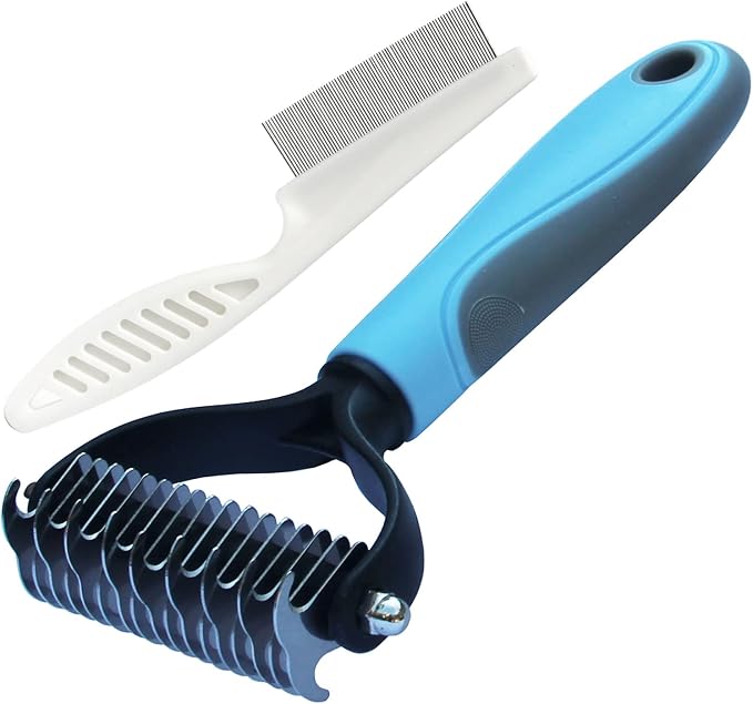 Double Sided Undercoat Rake Comb - Pet Grooming Tool for Dog and Cat Shedding and Dematting, Flea Comb Set (Blue/16 tooth)