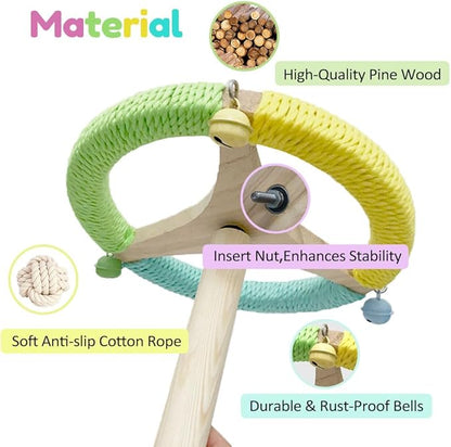 Bird Perch Toy with Bells, Parrot 360°Interactive Rotating Toy,Bird Cage Accessories for Small and Medium Parrots,Parrot Wooden Stand for Conures Parakeets Cockatiels Lovebirds