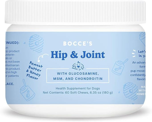 Bocce's Bakery Hip & Joint Supplement for Dogs, Daily Chews Made in The USA with Glucosamine, MSM, and Chondroitin, Supports Healthy Joints, Peanut Butter & Honey, 60 ct
