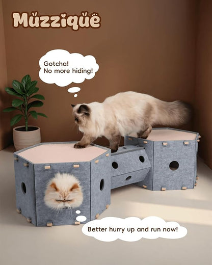 Cat Play House for Indoor Cats & Small Dogs, Muzzique Expandable Modular Felt Pet Tunnel Castle, Large Scratch Kitten Condo, Stackable Kitty Cave Platform, Sleeping Puppy Bed, XL Nest with Hair Brush