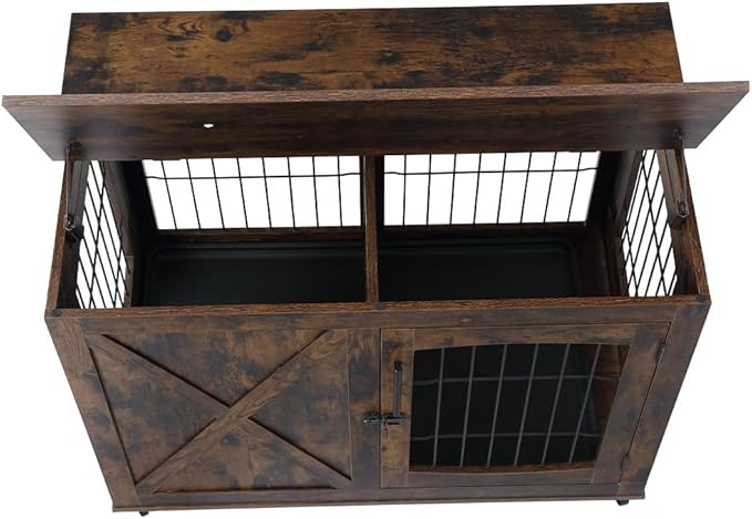 Wooden Dog Crate Furniture with Divider, Rustic Brown, 3 Doors Kennel with Tray, Easy Assembly, Anti-Slip, 130 lbs Weight Capacity