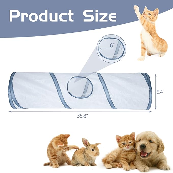 Sheldamy Cat Tunnel, 2-Way Cat Tunnels for Indoor Cats, Collapsible Cat Play Tunnel, Interactive Toy Maze Cat House with 1 Play Ball for Cats, Puppy, Kitty, Kitten, Rabbit (White & Grey)
