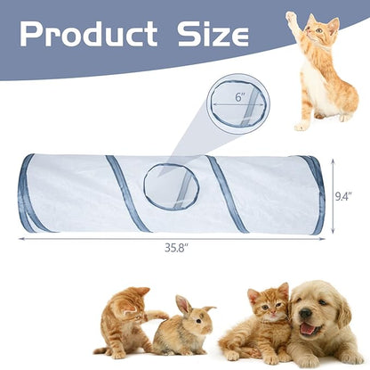 Sheldamy Cat Tunnel, 2-Way Cat Tunnels for Indoor Cats, Collapsible Cat Play Tunnel, Interactive Toy Maze Cat House with 1 Play Ball for Cats, Puppy, Kitty, Kitten, Rabbit (White & Grey)