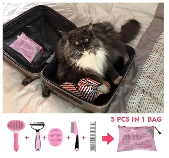 Dog Grooming Kit  Pink Deshedding Brush for Short Hair Dogs, Slicker Brush, Flea Comb & Puppy Brush Set  Gentle Grooming Tools for Small & Medium Breeds