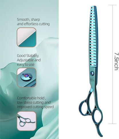 Dog Grooming Scissors: Blueish Green 7.5 inch Professional Pet Chunker Shears Made Of Japanese 440C Advanced Stainless Steel for Dogs Cats and Other Pets