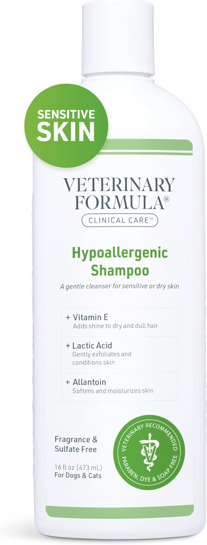 Veterinary Formula Clinical Care Hypoallergenic Shampoo for Dogs and Cats, 16 oz  No Harsh Ingredients  Fragrance-Free Pet Shampoo for Allergies and Sensitive Skin, Promotes Healthy Skin and Coat