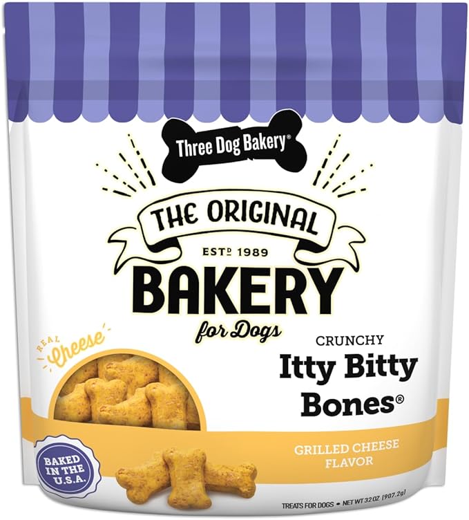 Three Dog Bakery Crunchy Itty Bitty Bones Baked Dog Treats, Cheese, 32 oz, (320221)