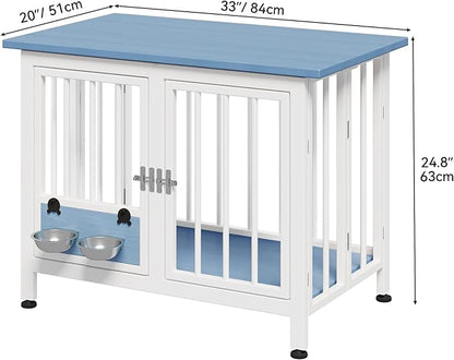 YITAHOME 33" Foldable Dog Crate Furniture, Portable Wooden Kennel End Table with Adjustable Feet & 360° Rotatable Bowls, Perfect for Small to Medium Dogs, Blue