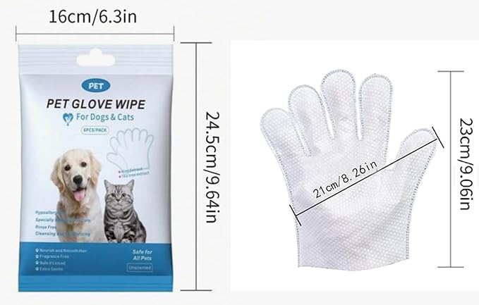 Pet Cleaning & Deodorizing Glove Wipes-Extra Thick-6pcs/PACK, Bathing Spa for Dogs & Cats, Hypoallergenic, Nourish & Smooth Hair, for Daily Care & Traveling; CWSJ6