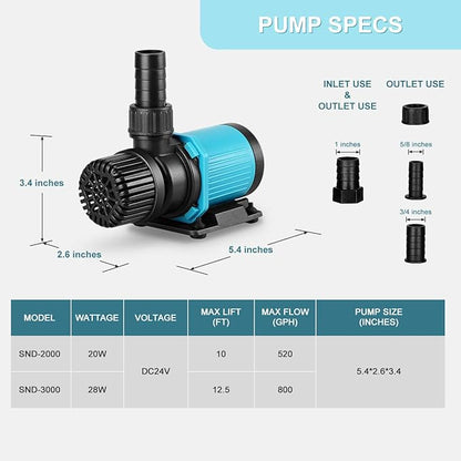 800GPH 30W16FT Aquarium 24V DC Water Pump with Controller, Submersible and Inline Return Pump for Fish Tank,Aquariums,Fountains,Sump,Hydroponic,Pond,Freshwater and Marine Water Use