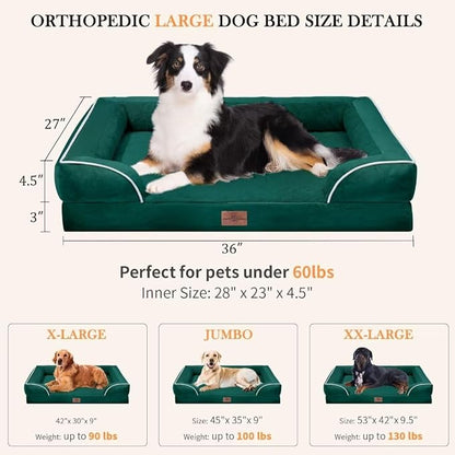 Orthopedic Large Dog Beds, Waterproof Dog Beds for Large Dogs, Comfy Washable Pet Bed Sofa with Removable Cover & Non-Slip Bottom(Large,Emerald)