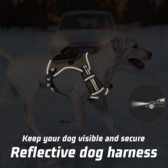 WINGOIN Tactical Dog Harness for Extra Large Dogs, No Pull Harness with Handle Pockets Poop Bag, Reflective Dog Vest, Military Service Heavy Duty Big Dog Harness for Walking Hiking Training, Khaki, XL