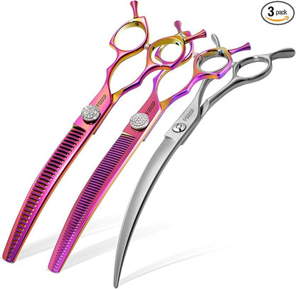 45°Curved Dog Grooming Scissors Curved Thinning Shears Curved Chunkers Dog Shears 3Pcs Combo (RoseRed)