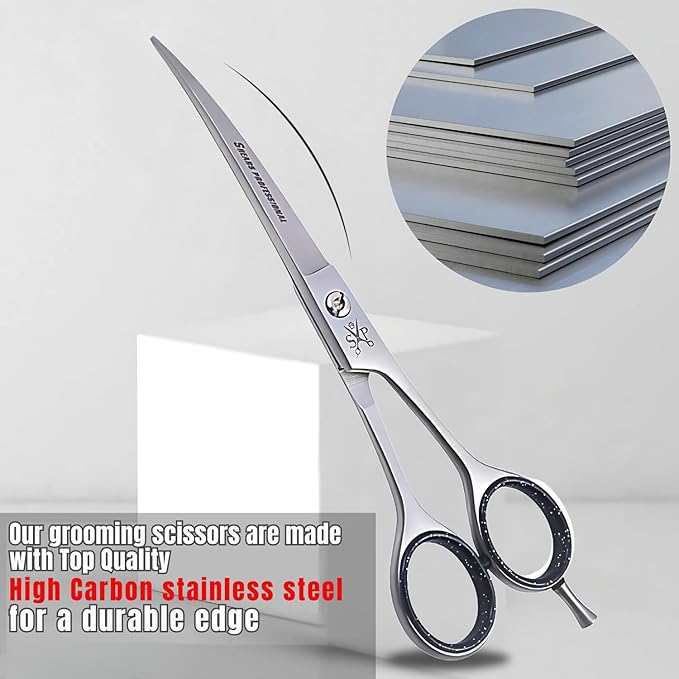 Dog Grooming Scissors, Curved Scissor for Dog Grooming and Cats, Pet shears for Trimming Face & Paws, 7 In Curved Blade