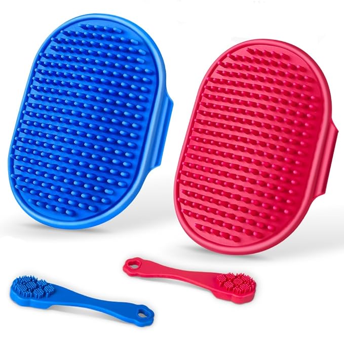 4PCS Dog Bath Brush | Scrubber for Bath | Shampoo Brush | Toothbrush | Finger Toothbrush | Dog Shower/Washing Brush with Adjustable Ring Handle - Pet Bath Supplies (Blue Red)