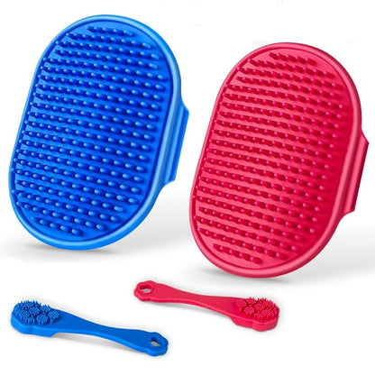 4PCS Dog Bath Brush | Scrubber for Bath | Shampoo Brush | Toothbrush | Finger Toothbrush | Dog Shower/Washing Brush with Adjustable Ring Handle - Pet Bath Supplies (Blue Red)