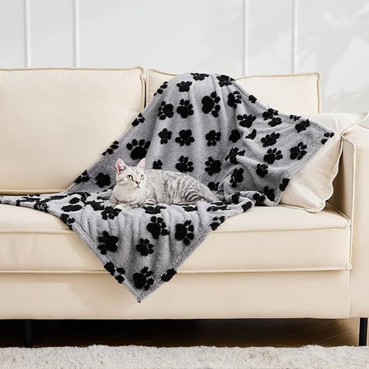 Qeils Jacquard Dog Blankets for Large Dogs, Cozy Calming Cat Blankets Washable, 280GSM Coral Fleece Plush Fluffy Throw Blanket, Black Paws, 30x40IN