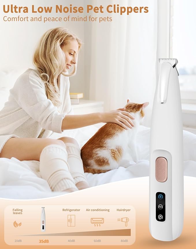 Dog Paw Trimmer with LED Light, Ultra-Low Noise Dog Trimmer Grooming Kit with Replacement Blades, Waterproof Rechargeable Pet Hair Clippers for Small Dogs Cats Paws, Eyes, Ears, Face, Rump