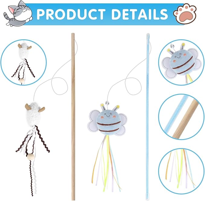 NOWFRESH Cat Wand Toy Set, 2 PCS Interactive Cat Teaser Wands with Cute Bee & Mouse Designs, Equipped with Bells and Streamers to Captivate Your Cat’s Attention
