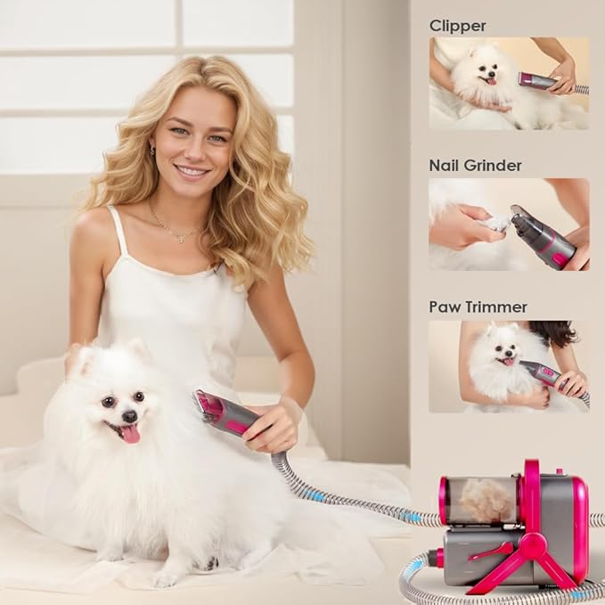 Dog Hair Vacuum / Blow Dryer One-Touch Switch, Dual-Motor Pet Grooming Kit For Shedding With Expandable Dust Cup, 8 Grooming Tools - Dog Vacuum Clipper Trimmer Nail Grinder Slicker Brush (Rose Red)