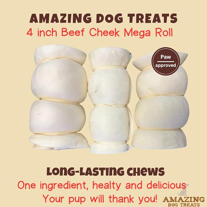 Amazing Dog Treats - Beef Cheek Rolls (Mega Thick 4" - 6 Pcs) - Safe Rawhide Alternative Dog Chew - Great for Power Chewers - Long Lasting Dog Chew - Retriever Rolls for Dogs
