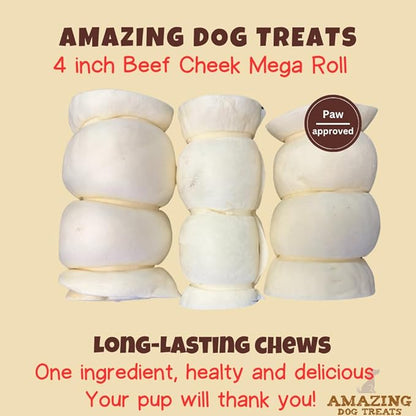 Amazing Dog Treats - Beef Cheek Rolls (Mega Thick 4" - 6 Pcs) - Safe Rawhide Alternative Dog Chew - Great for Power Chewers - Long Lasting Dog Chew - Retriever Rolls for Dogs