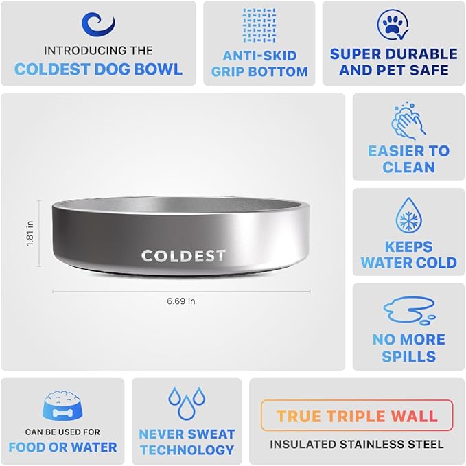 Coldest Dog Bowl - Anti Rust Metal, Non Slip, 3 Layers Insulated Stainless Steel Dog Bowls - Spill Proof & Heavy Duty - Water Bowl for Dogs, Cats, Dish Washer Safe (21 oz, Polished Stainless Steel)