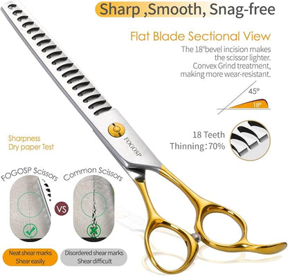 Dog Thinning Shears for Grooming 6.75" Chunker Shears Quickly Thinning Thick Hair Professional Dog Grooming Scissors for Small Dogs Right Handed Groomer Japan 440C 18 Teeth(Chunker, Gold)