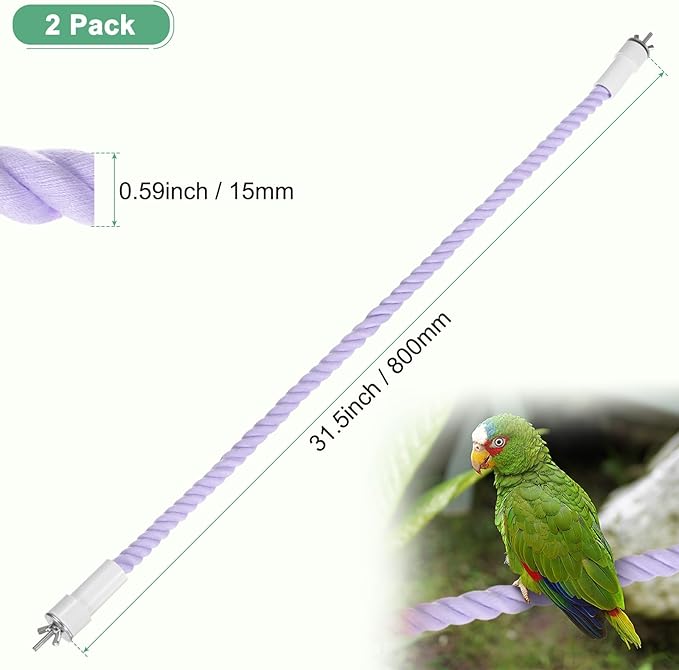 2-Pack Rope Perches for Bird Cages, 31.5 in Length Comfort Grip Flexible Rope Perch Beak & Paw Grinding for Parrots/Cockatiels/Parakeets, Bird Platform Sand [Purple]
