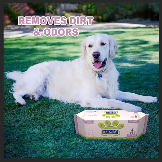 DR.EASY Odor Remover Pet Grooming Wipes 100Ct Lavender Plant Based Ingredients for Paws,Body,Nose &Bum Cleaning,Remove Dirt,Dander & Excess Hair with Soft and Thick Wipes,No Artificial Fragrance