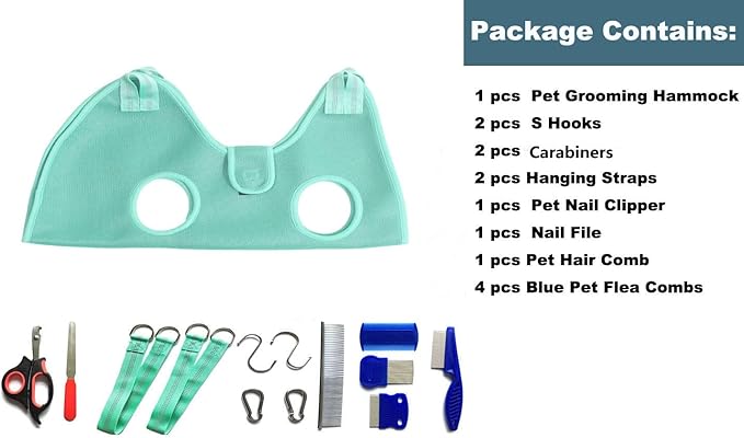 Dog Grooming Hammock with Flea Comb and Dog Nail Clipper, Pet Dog Grooming Hammock Harness with Cat Nail Clipper, Nail File and Dog Brush, Dog Sling for Nail Clipping/Nail Trimming (S, Green)